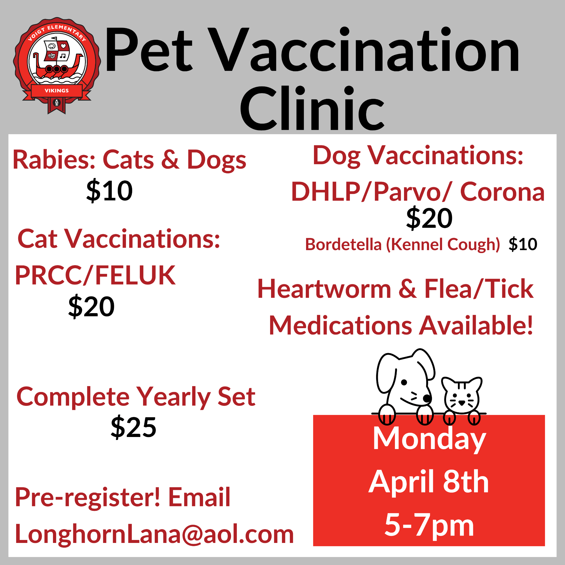 Pet Vaccination Clinic<br />
Monday, April 8th 5-7pm<br />
email Longhorn_lana@aol.com