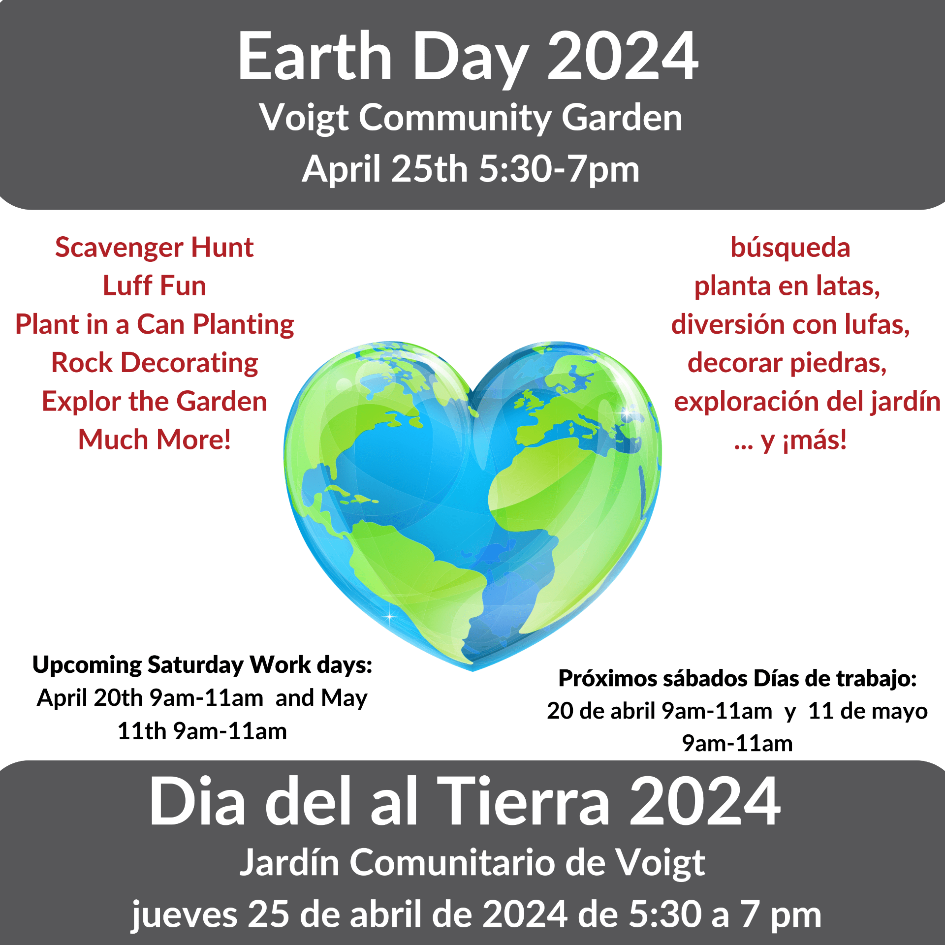 Clelbrate Earth Day in the Voigt Community Garde. Thursday April 25th from 5:30-7pm