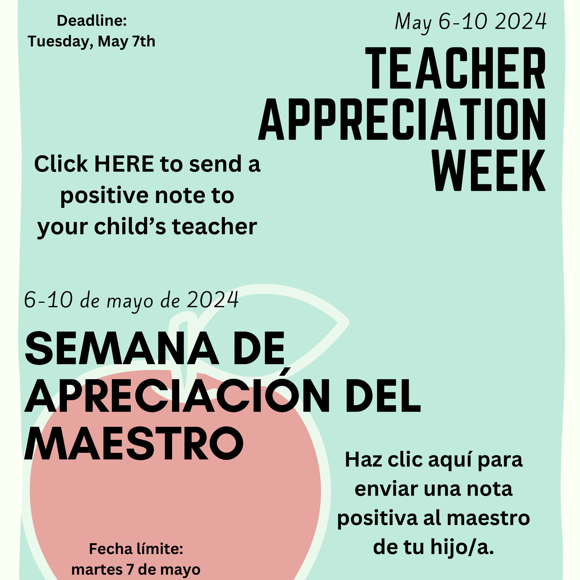 Teacher Appreciation week messages to teachers. Click image to open Google Form. 